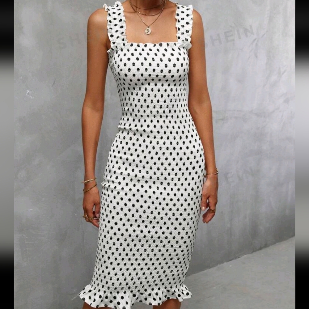 Shein Polka Dot Print Ruffle Hem Dress Size Large